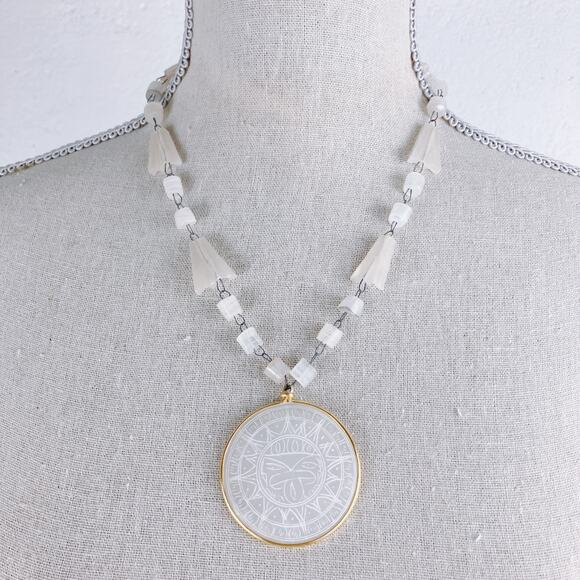 Vintage Aztec Sun Pendant Necklace, White Glass Silver Tone Metal Linked Beads - Picture 3 of 10